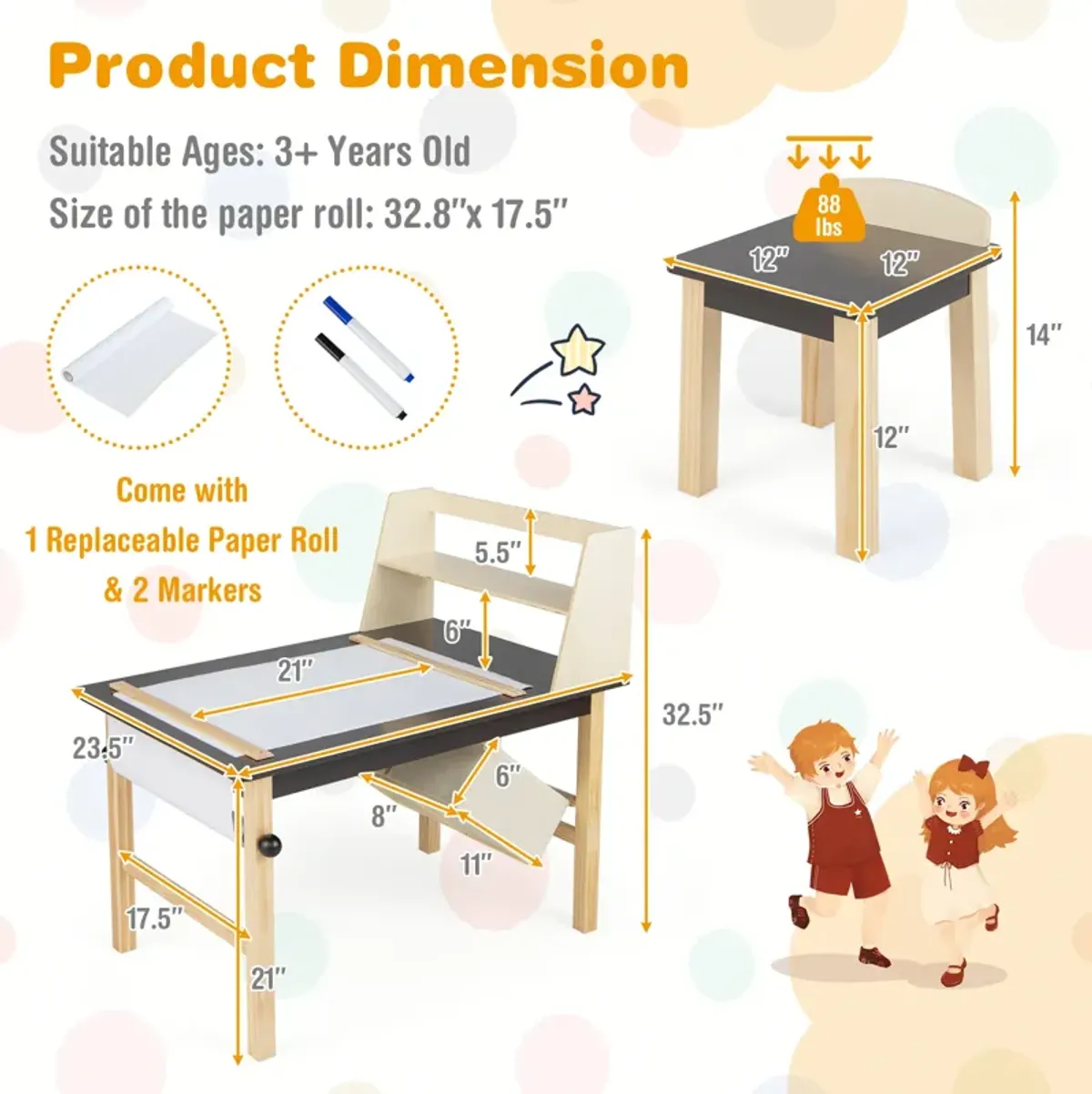 Kids Art Table and Chairs Set with Paper Roll and Storage Bins-Coffee