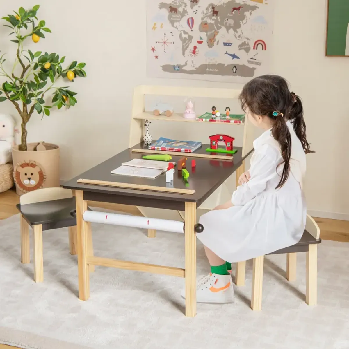 Kids Art Table and Chairs Set with Paper Roll and Storage Bins-Coffee