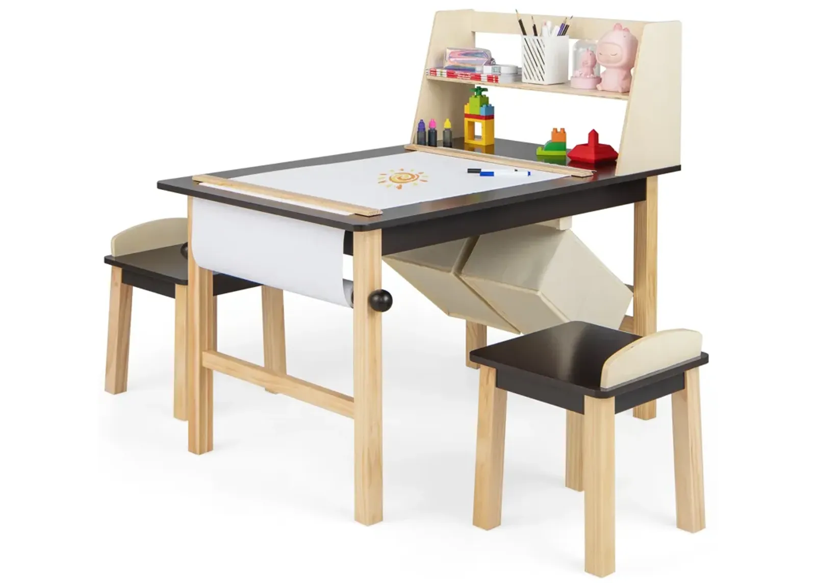 Kids Art Table and Chairs Set with Paper Roll and Storage Bins-Coffee