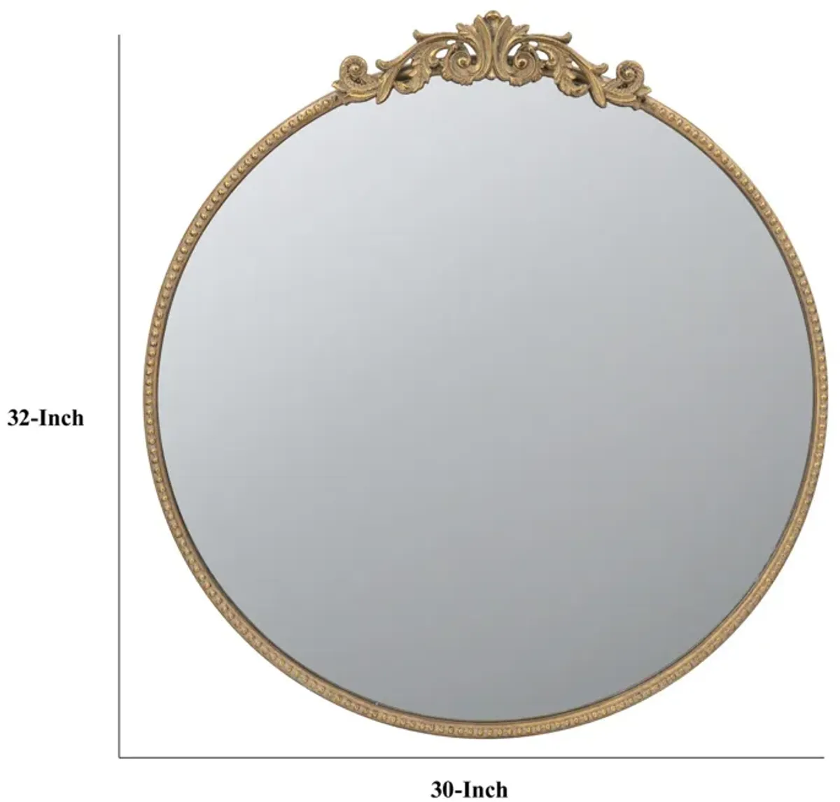 Kea 32 Inch Vintage Round Wall Mirror, Gold Metal Frame, Baroque Design-Benzara