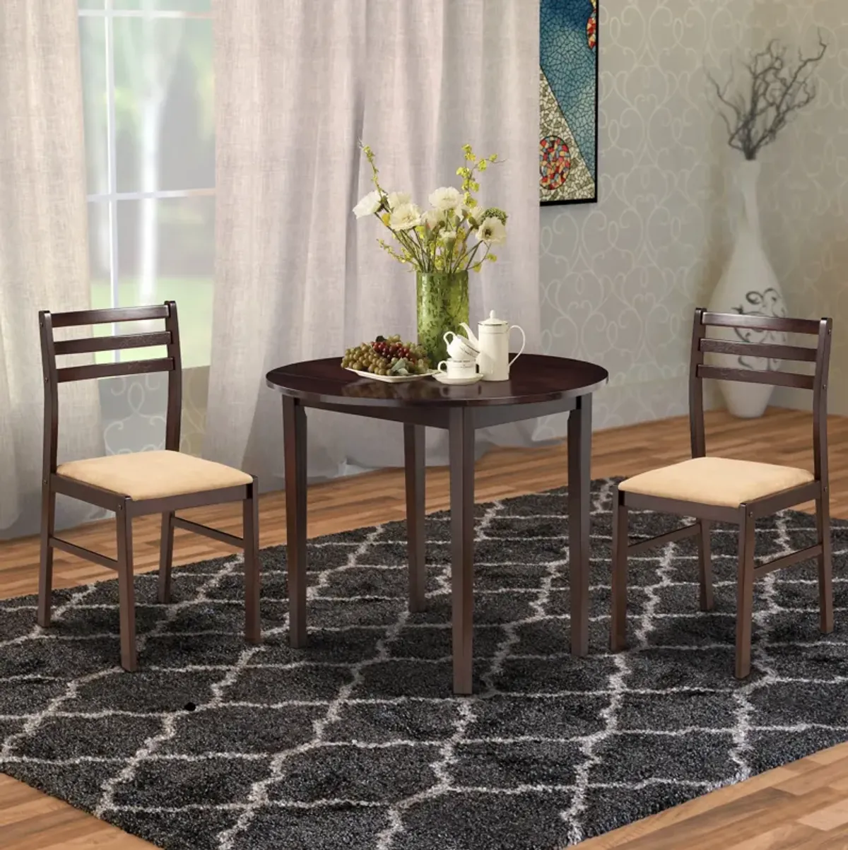 Transitional Style 3 Piece Wooden Dining Table and Chair Set, Brown-Benzara