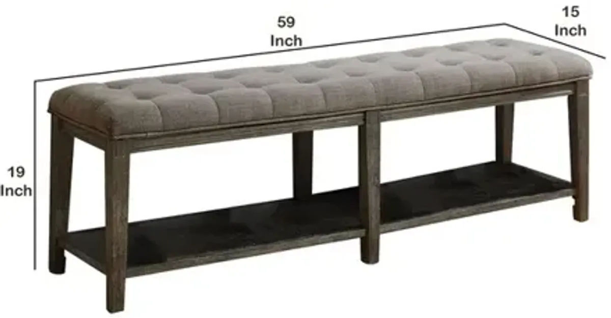 Traditional Bench with Button Tufted Seat and Open Bottom Shelf, Gray - Benzara