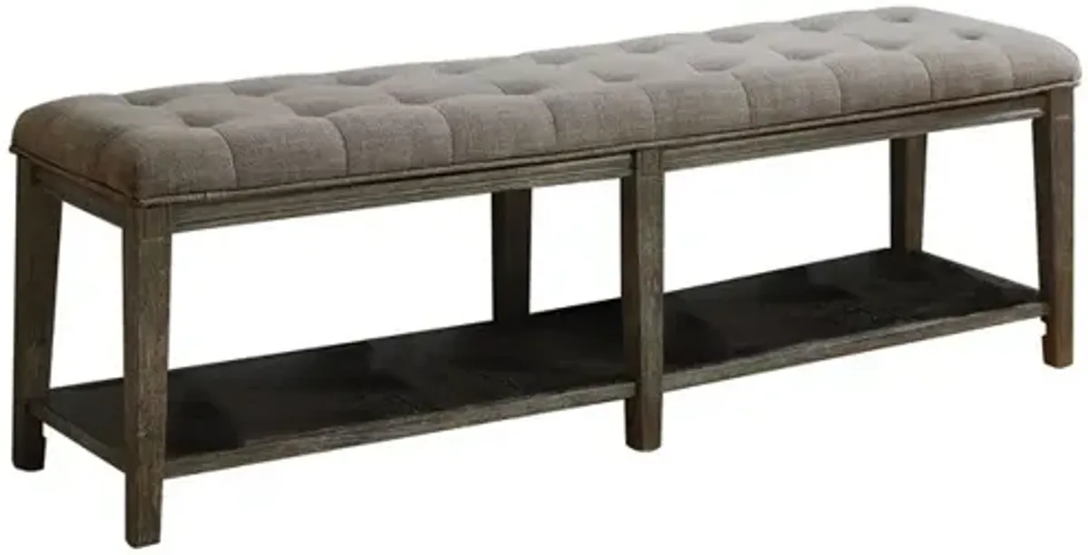 Traditional Bench with Button Tufted Seat and Open Bottom Shelf, Gray - Benzara