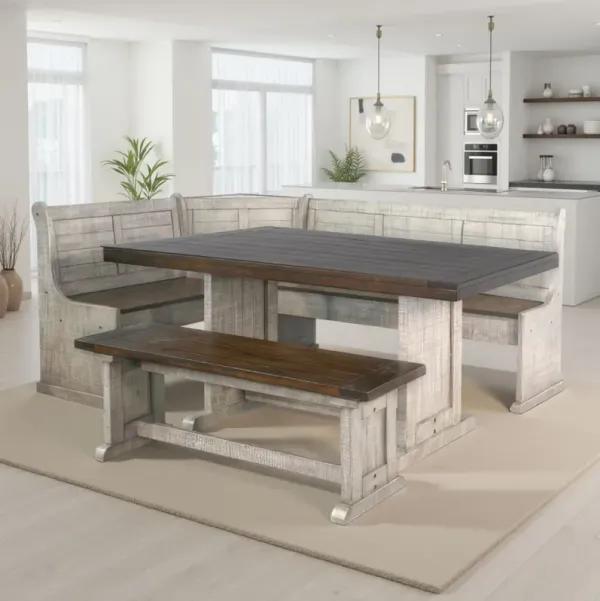 Camie 4pc Corner Breakfast Nook Set, Gray Brown Dining Table and Bench - Benzara