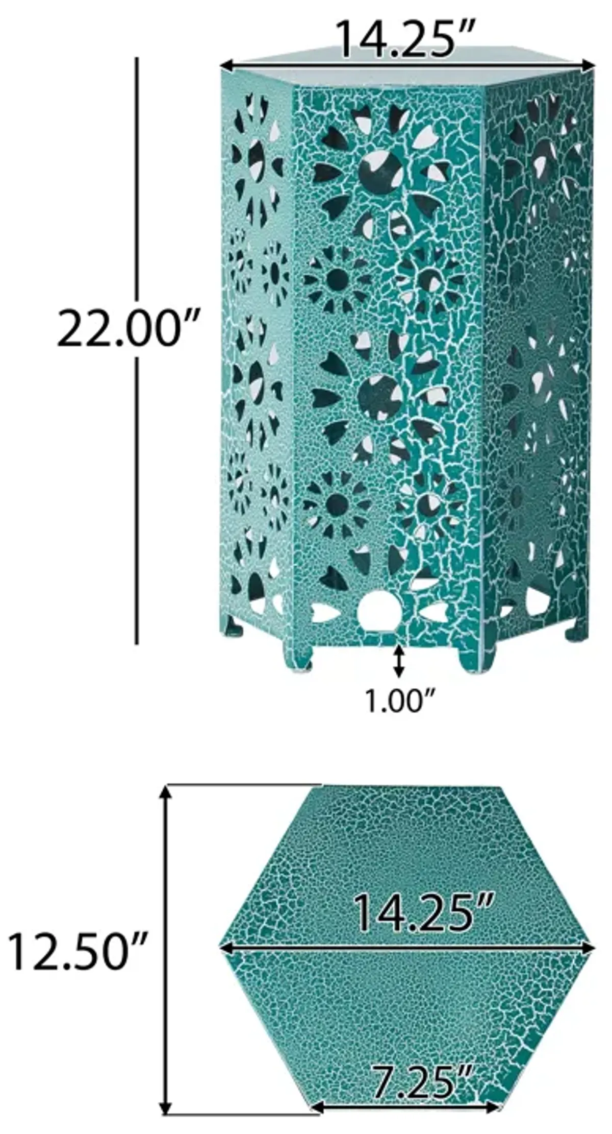 Liana Outdoor Side Table, Hexagonal 14 Inch, Sunburst Cut Out, Teal - Benzara