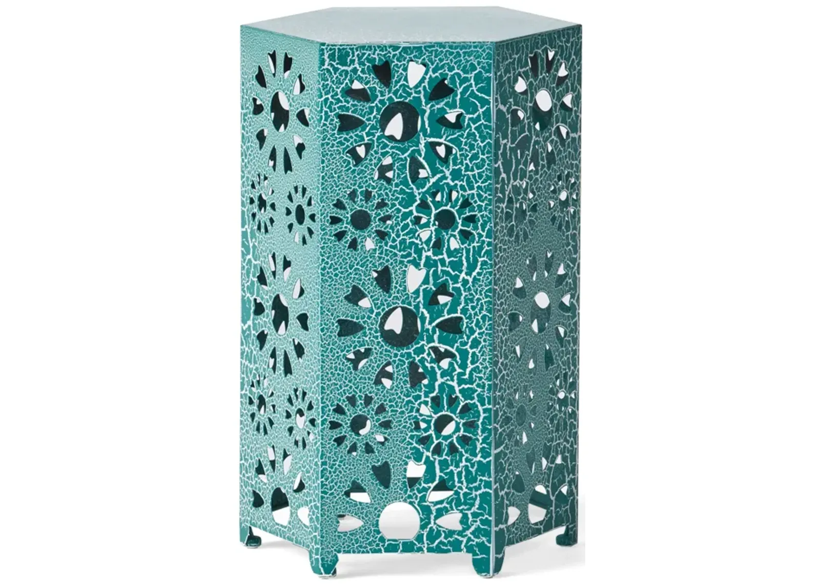 Liana Outdoor Side Table, Hexagonal 14 Inch, Sunburst Cut Out, Teal - Benzara