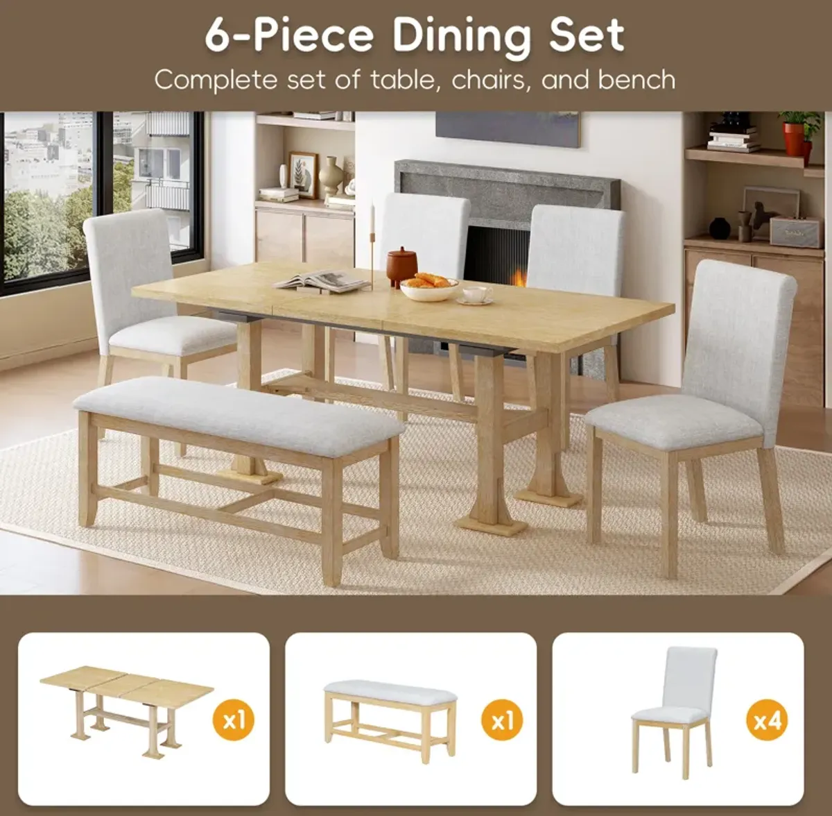 Merax Farmhouse 76inch 6-Piece Extendable Dining Set