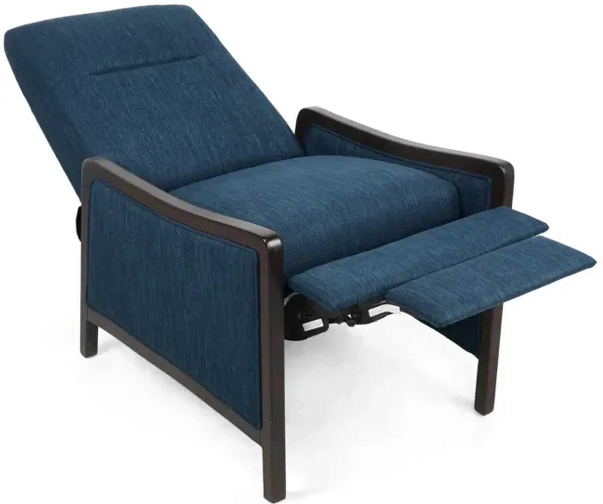 Reina Push Back Recliner Chair, Brown Birch Wood, Navy Blue Fabric - Benzara