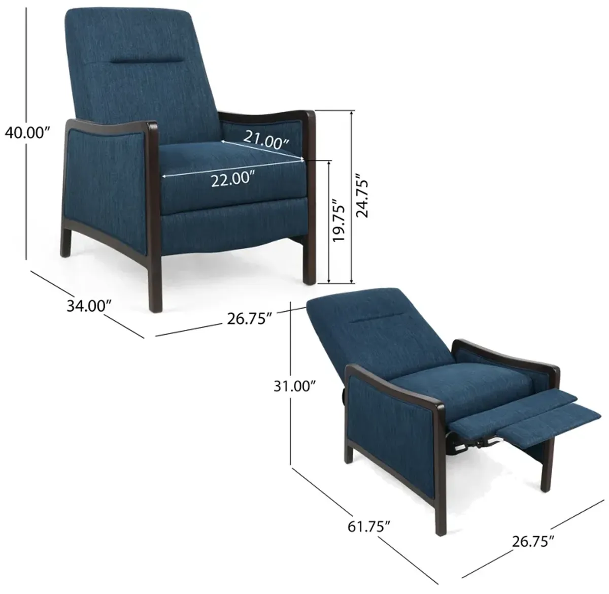 Reina Push Back Recliner Chair, Brown Birch Wood, Navy Blue Fabric - Benzara