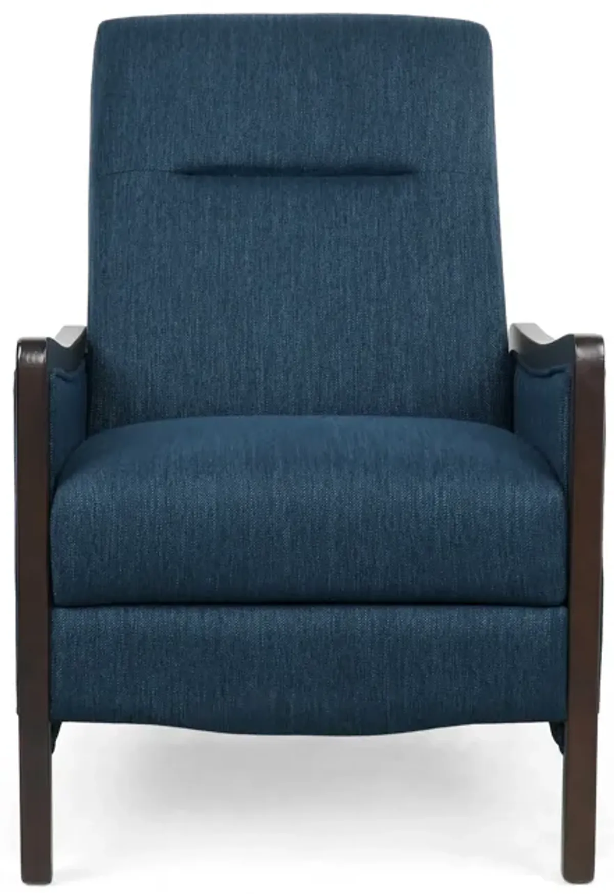 Reina Push Back Recliner Chair, Brown Birch Wood, Navy Blue Fabric - Benzara