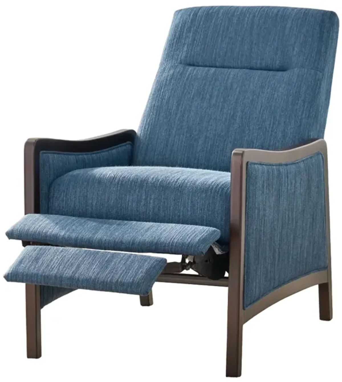 Reina Push Back Recliner Chair, Brown Birch Wood, Navy Blue Fabric - Benzara