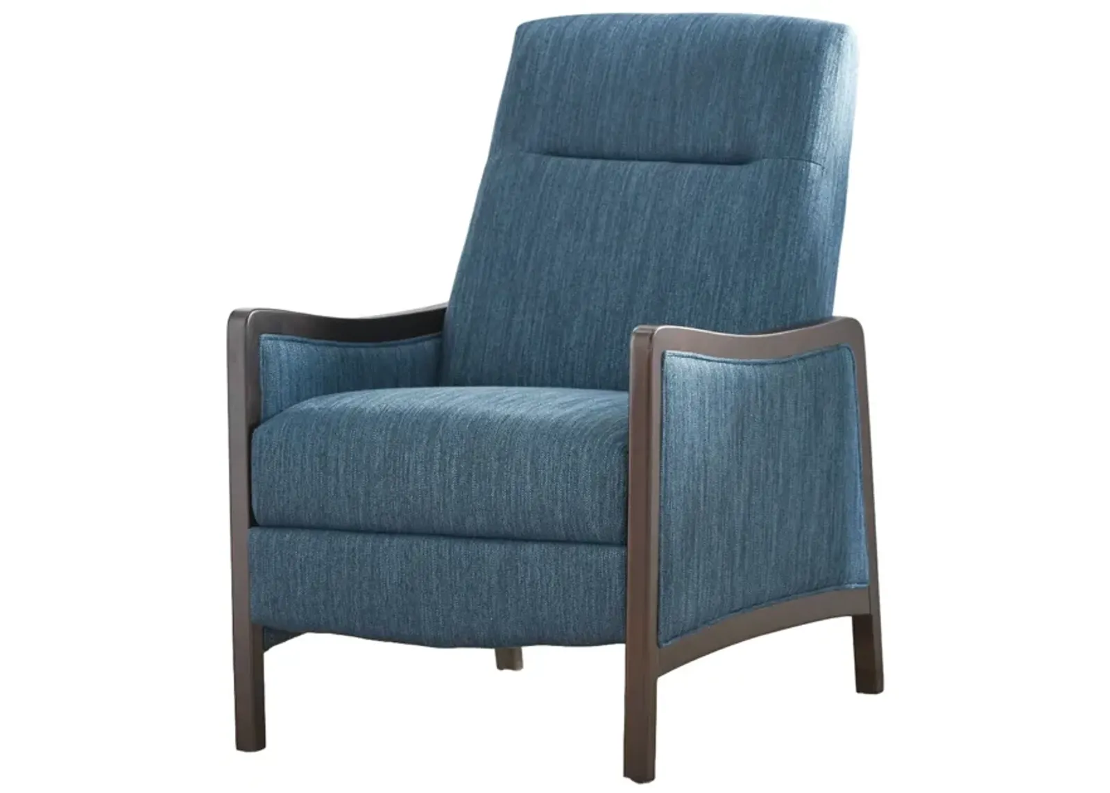 Reina Push Back Recliner Chair, Brown Birch Wood, Navy Blue Fabric - Benzara