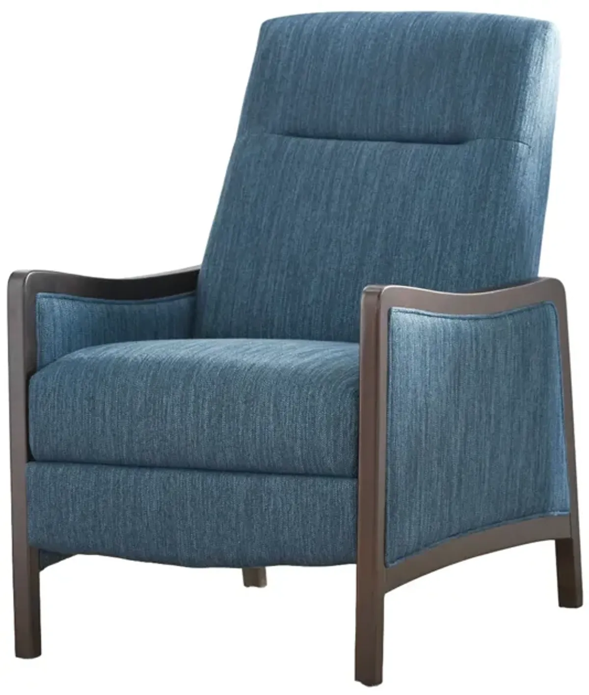 Reina Push Back Recliner Chair, Brown Birch Wood, Navy Blue Fabric - Benzara