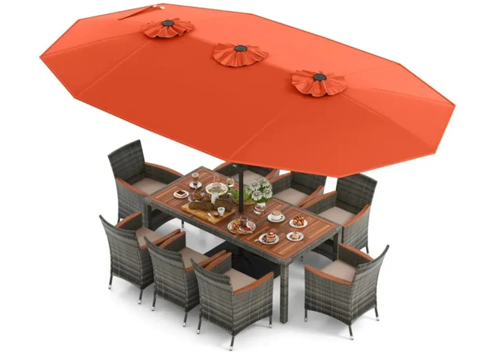 Hivvago 10 Pieces Patio Wicker Dining Set with 15 Feet Double-Sided Patio Umbrella