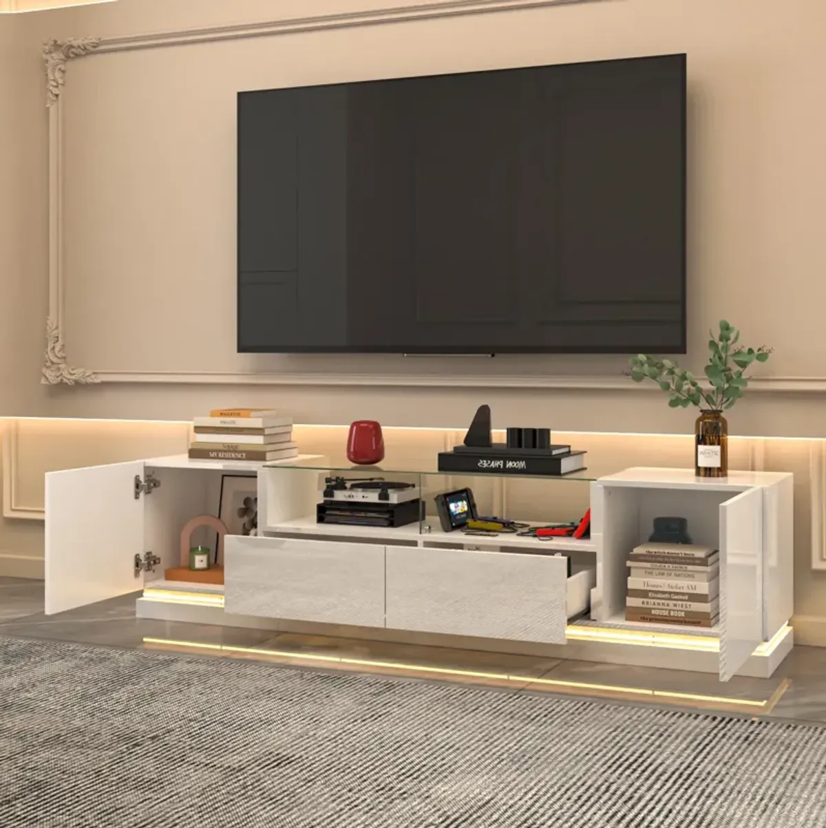 Modern Wood Glossy TV Media Console Entertainment Center With Lights&Glass Shelves, Drawers Fits TV's up to 80 in.