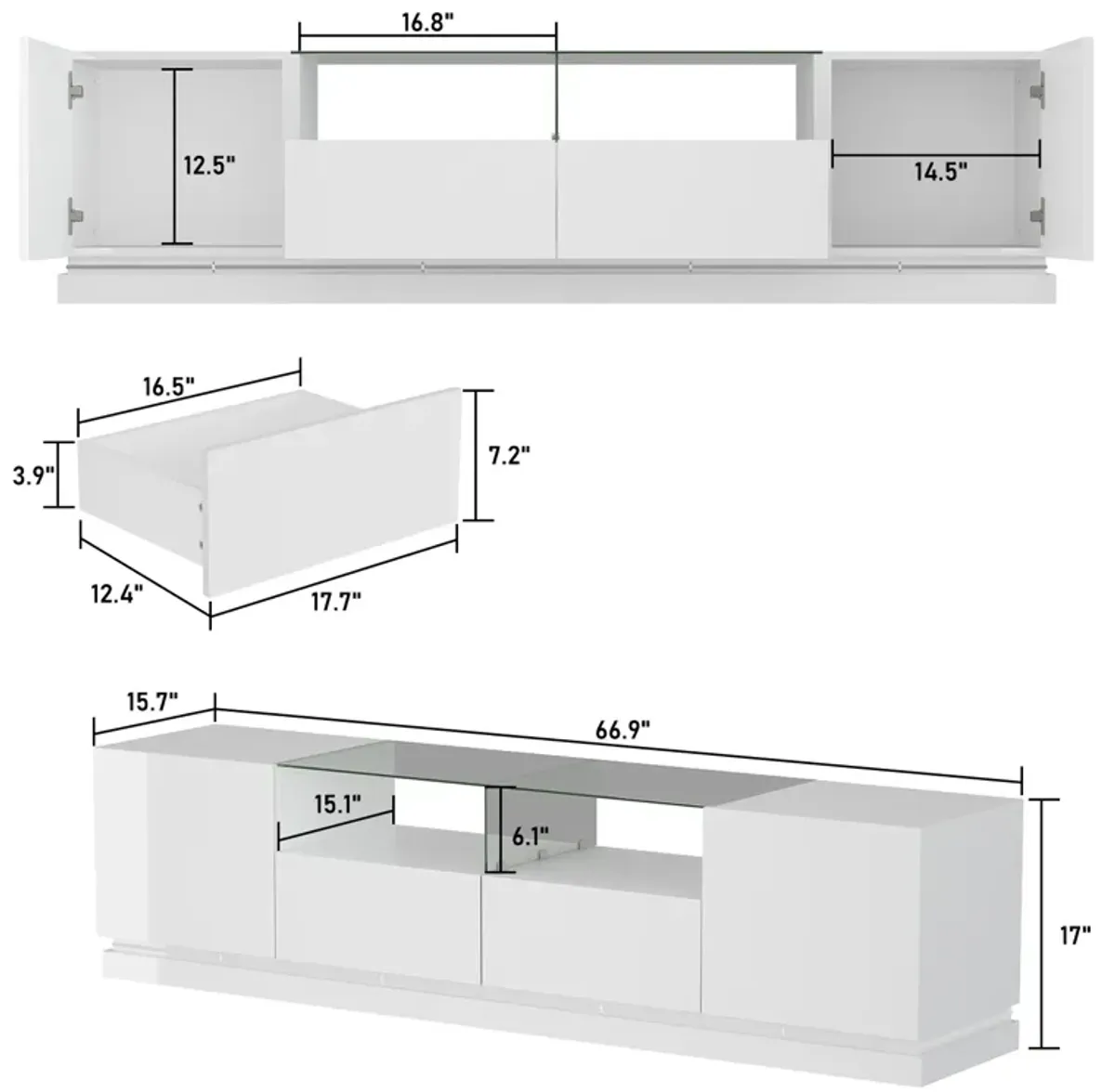 Modern Wood Glossy TV Media Console Entertainment Center With Lights&Glass Shelves, Drawers Fits TV's up to 80 in.