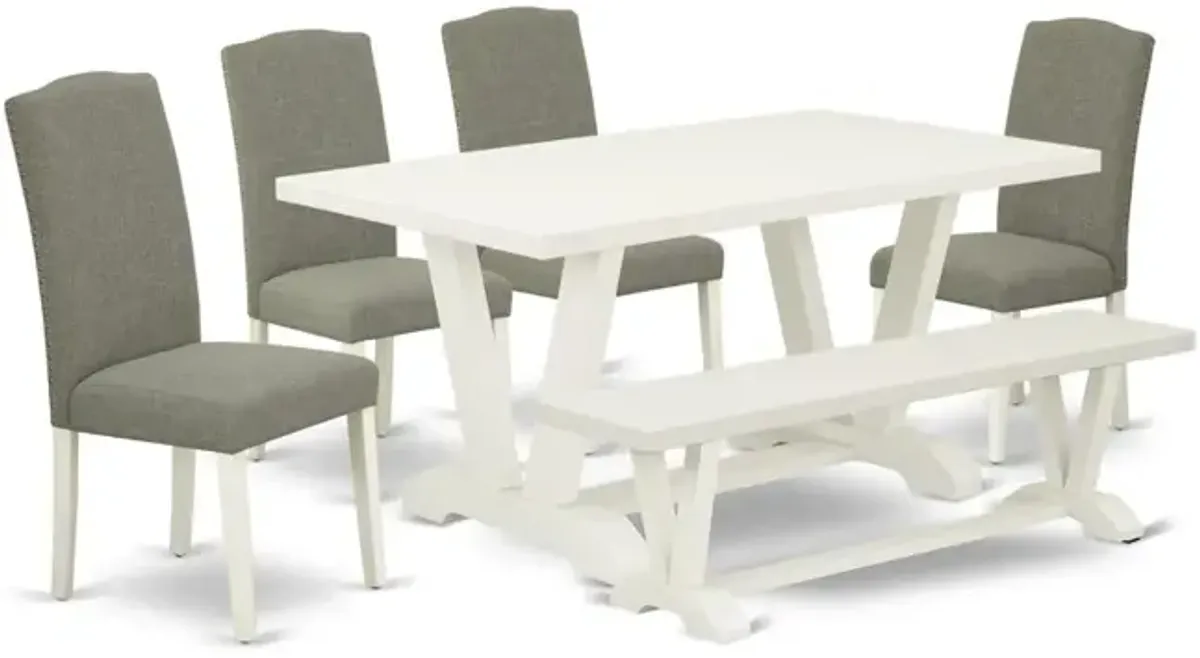 East West Furniture 6-Piece Table Dining Set-Dark Shitake Linen Fabric Seat and Stylish Chair Back Kitchen chairs, A Rectangular Bench and Rectangular Top Kitchen Table with Hardwood Legs - Linen Whit