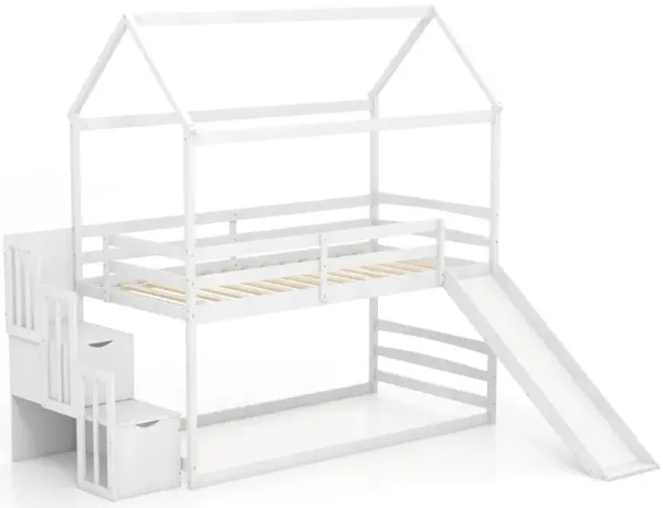Twin over Twin Bunk Bed with Slide and 2-Step Storage Staircase