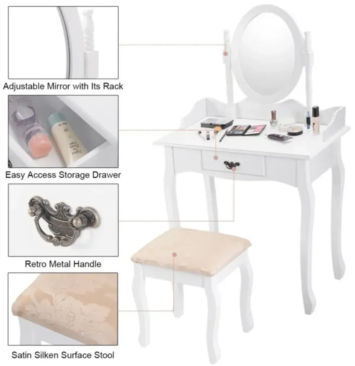 Hivvago Wooden Vanity Makeup Set with Cushioned Stool and Oval Rotating Mirror