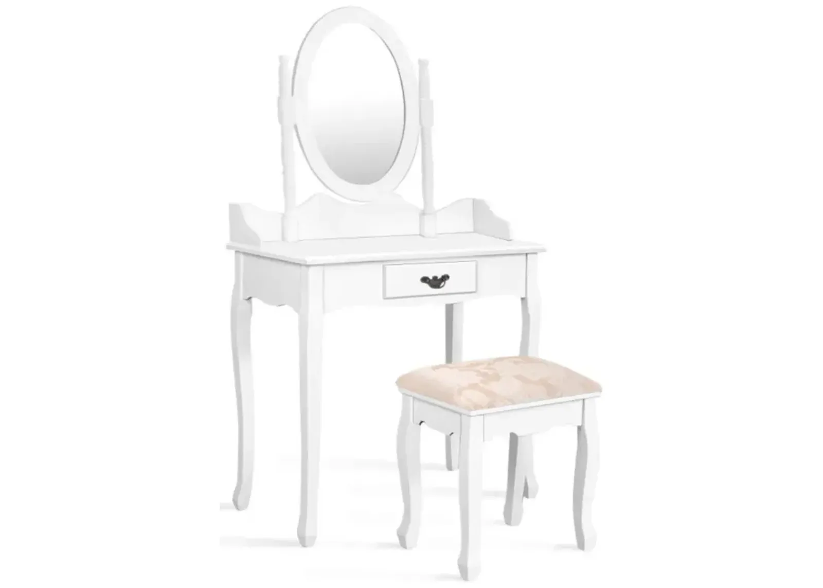 Hivvago Wooden Vanity Makeup Set with Cushioned Stool and Oval Rotating Mirror