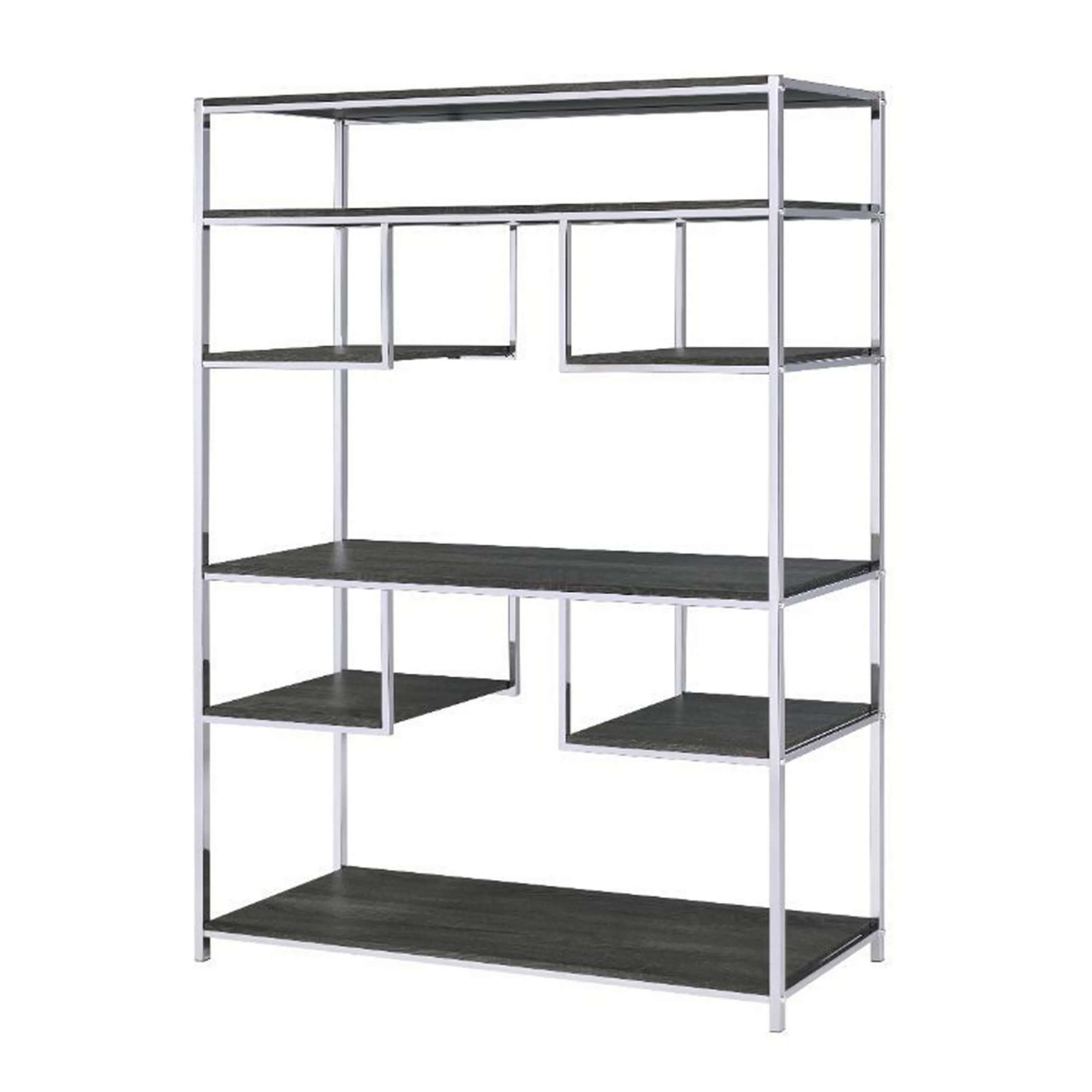 Etagere Bookshelf with 7 Shelves and Geometric Pattern,Silver and Dark Gray-Benzara