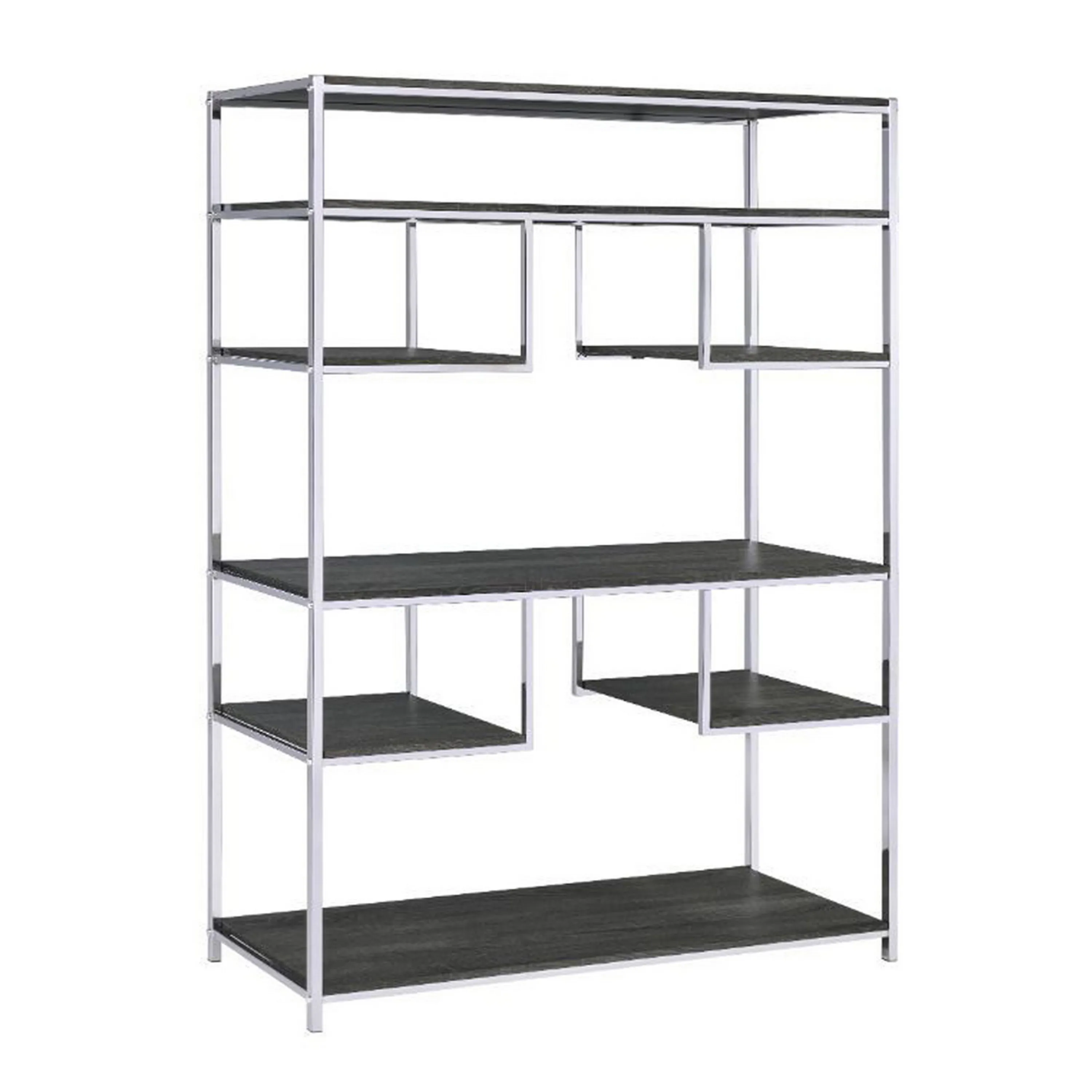 Etagere Bookshelf with 7 Shelves and Geometric Pattern,Silver and Dark Gray-Benzara