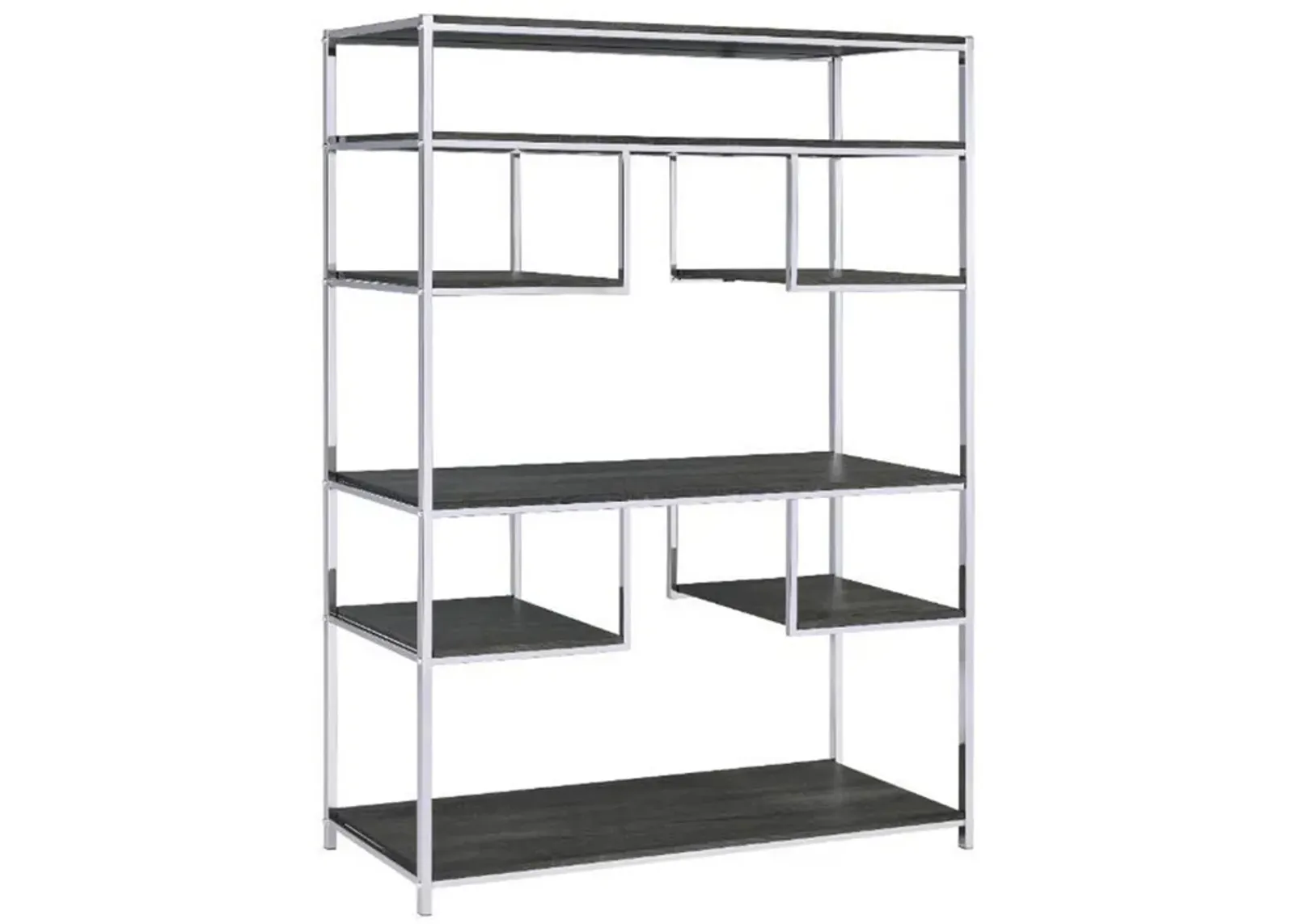 Etagere Bookshelf with 7 Shelves and Geometric Pattern,Silver and Dark Gray-Benzara