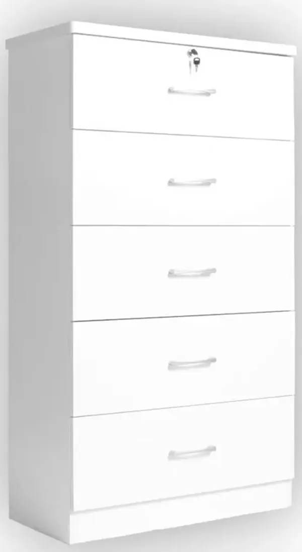 Better Home Products Olivia Wooden Tall 5 Drawer Chest Bedroom Dresser in White