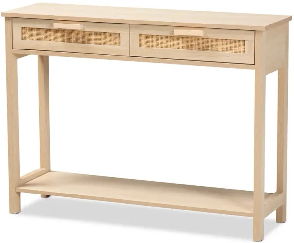 Baxton Studio Sebille Mid Century Light Brown Finished 2 Drawer Console Rattan Table