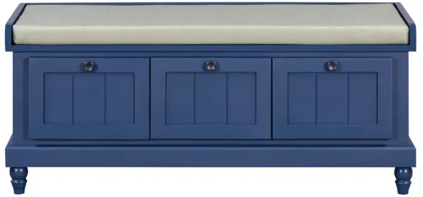 Clihome Classic Shoe Bench with Cushion and Three Drawers, Fluted Entryway Bench with Storage for Living Room, Entryway, and Hallways (Navy Blue)