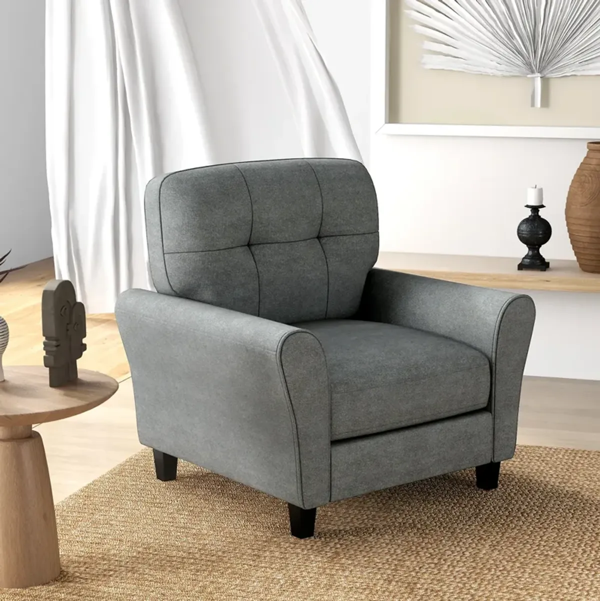 Modern Upholstered Accent Chair with Rubber Wood Legs-Gray