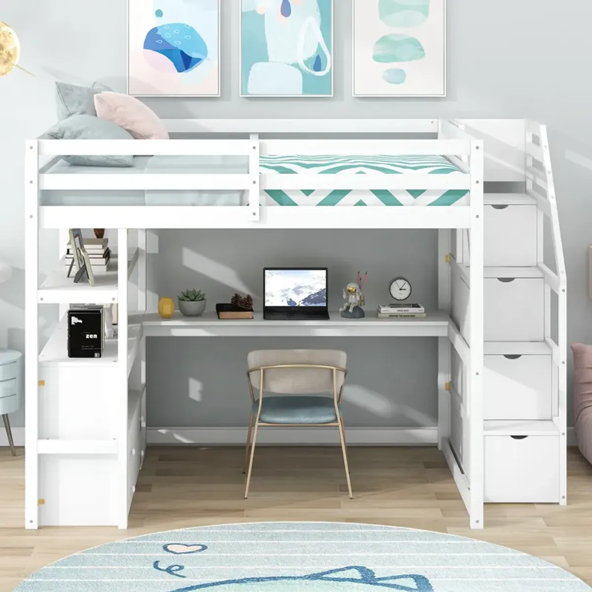 Multi-functional Loft Bed with Desk, Shelves, Storage Staircase, and Two Drawers