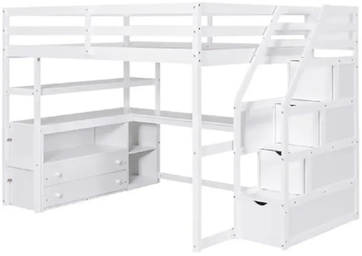 Multi-functional Loft Bed with Desk, Shelves, Storage Staircase, and Two Drawers