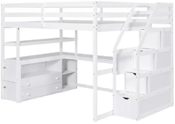 Multi-functional Loft Bed with Desk, Shelves, Storage Staircase, and Two Drawers