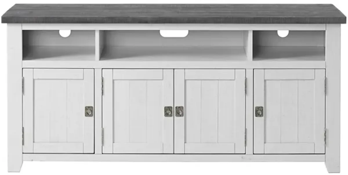 TV Stand with 3 Cabinets and 3 Cubbies, White and Gray-Benzara