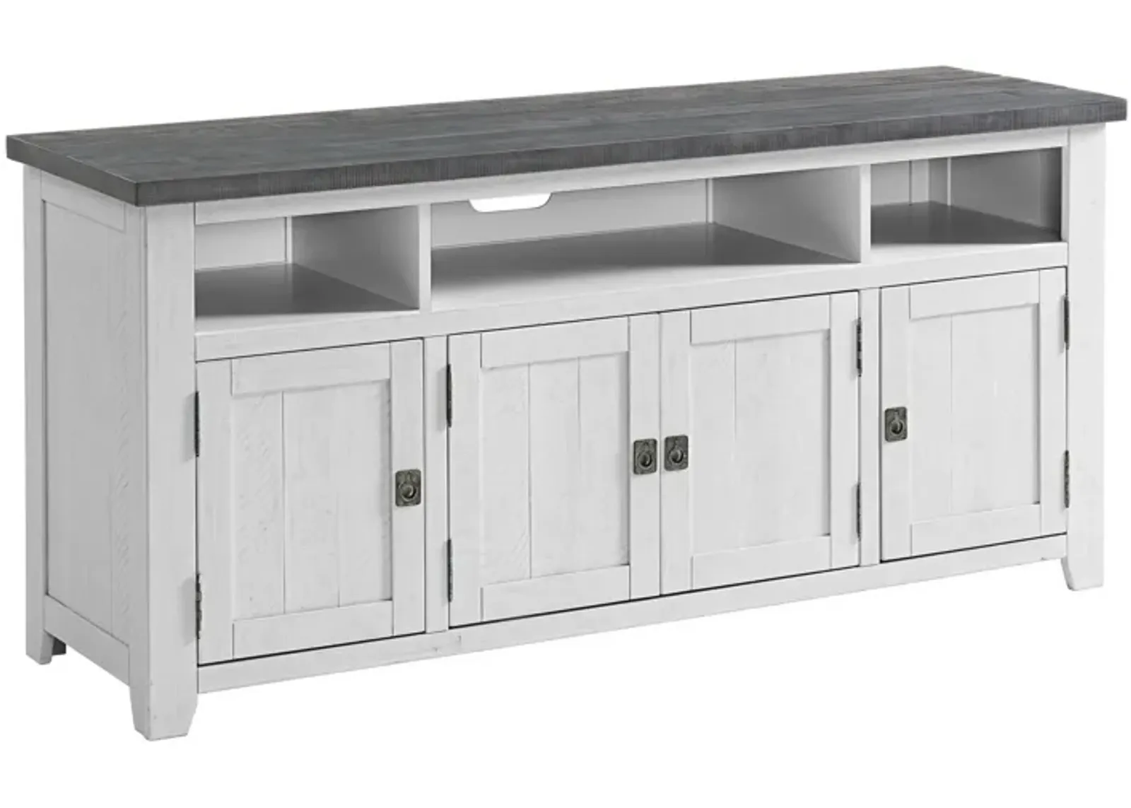 TV Stand with 3 Cabinets and 3 Cubbies, White and Gray-Benzara