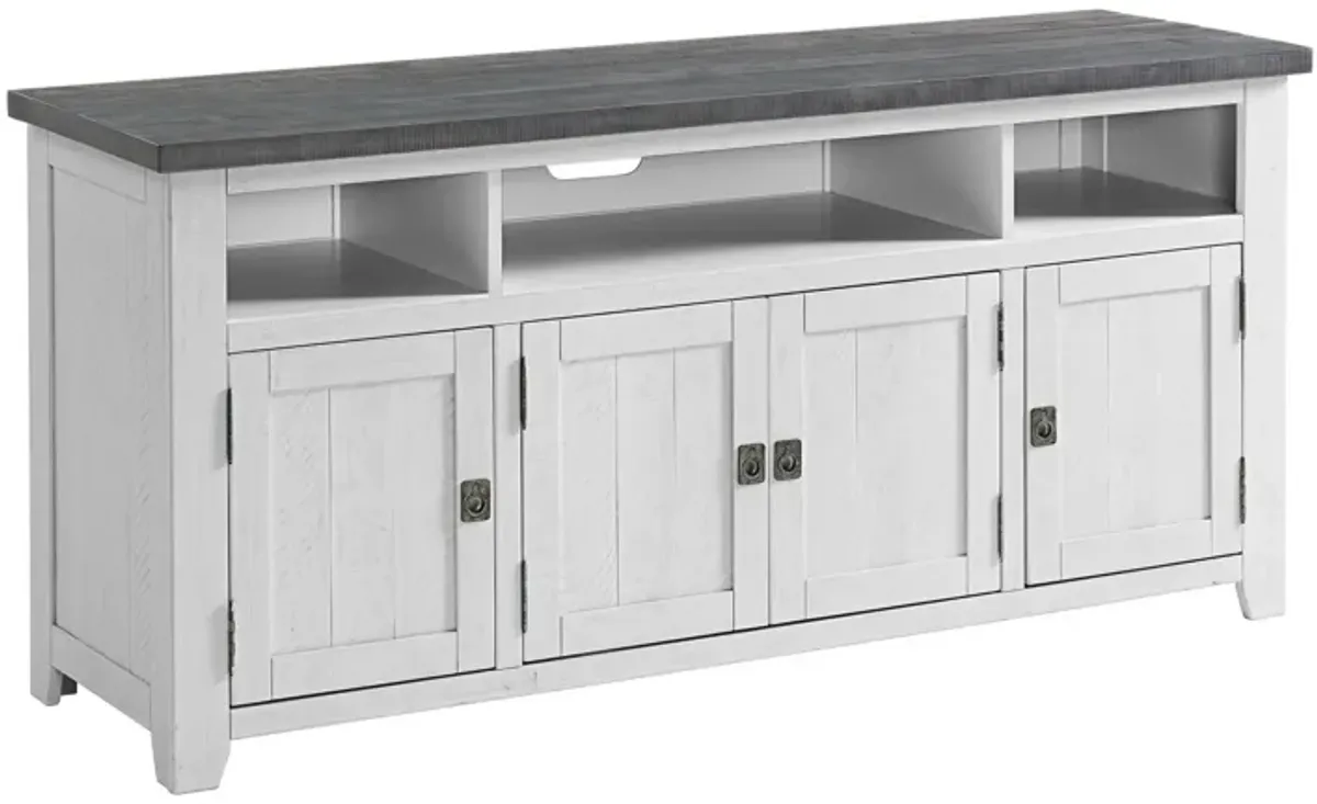 TV Stand with 3 Cabinets and 3 Cubbies, White and Gray-Benzara