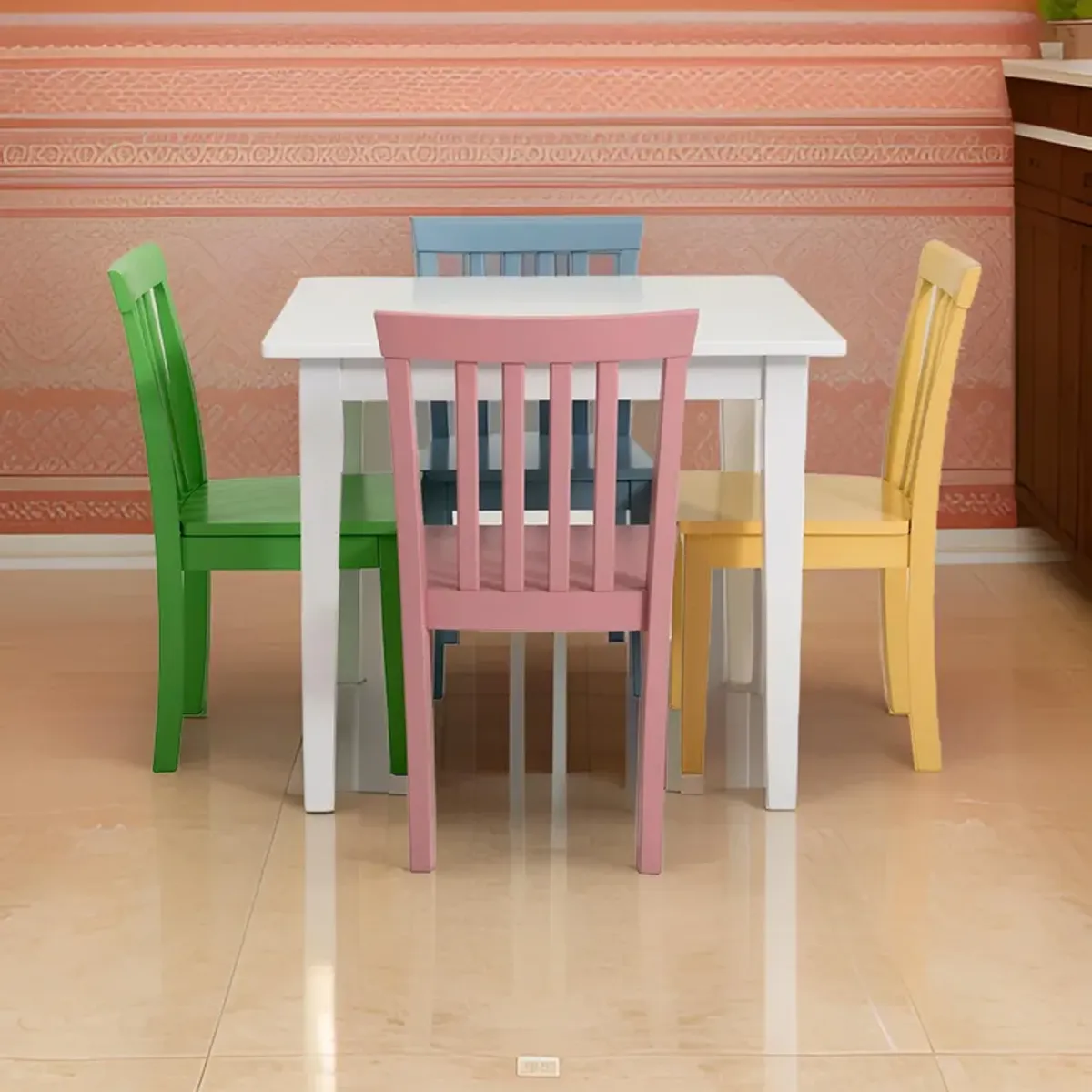 Reyi 5pc Kids Childrens Dining Table and 4 Chair Set, Colorful Wood - Benzara