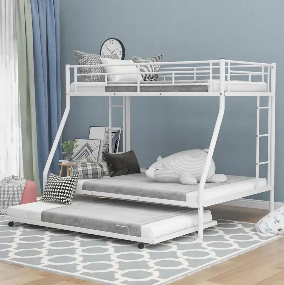 Twin Over Full Bed With Sturdy Steel Frame, Bunk Bed With Twin Size Trundle, Two-Side Ladders