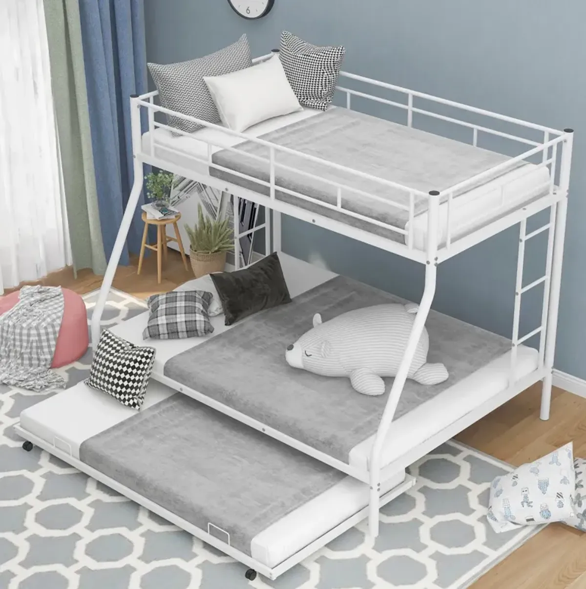 Twin Over Full Bed With Sturdy Steel Frame, Bunk Bed With Twin Size Trundle, Two-Side Ladders