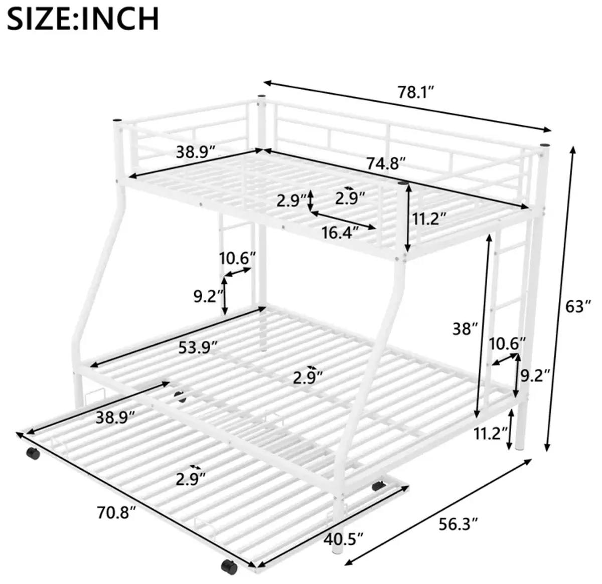 Twin Over Full Bed With Sturdy Steel Frame, Bunk Bed With Twin Size Trundle, Two-Side Ladders