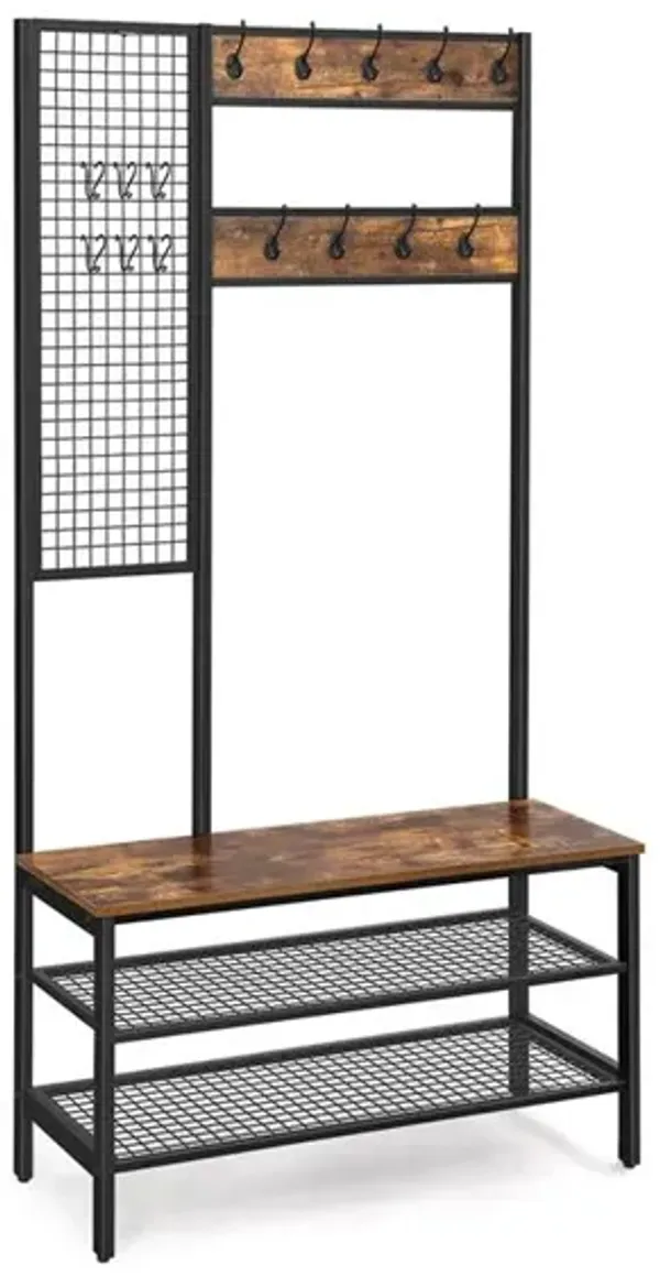 Rustic Brown Hall Tree 72.8-Inch Tall Coat Rack with Grid Wall, Shoe Rack, 15 Hooks, and 2 Mesh Shelves