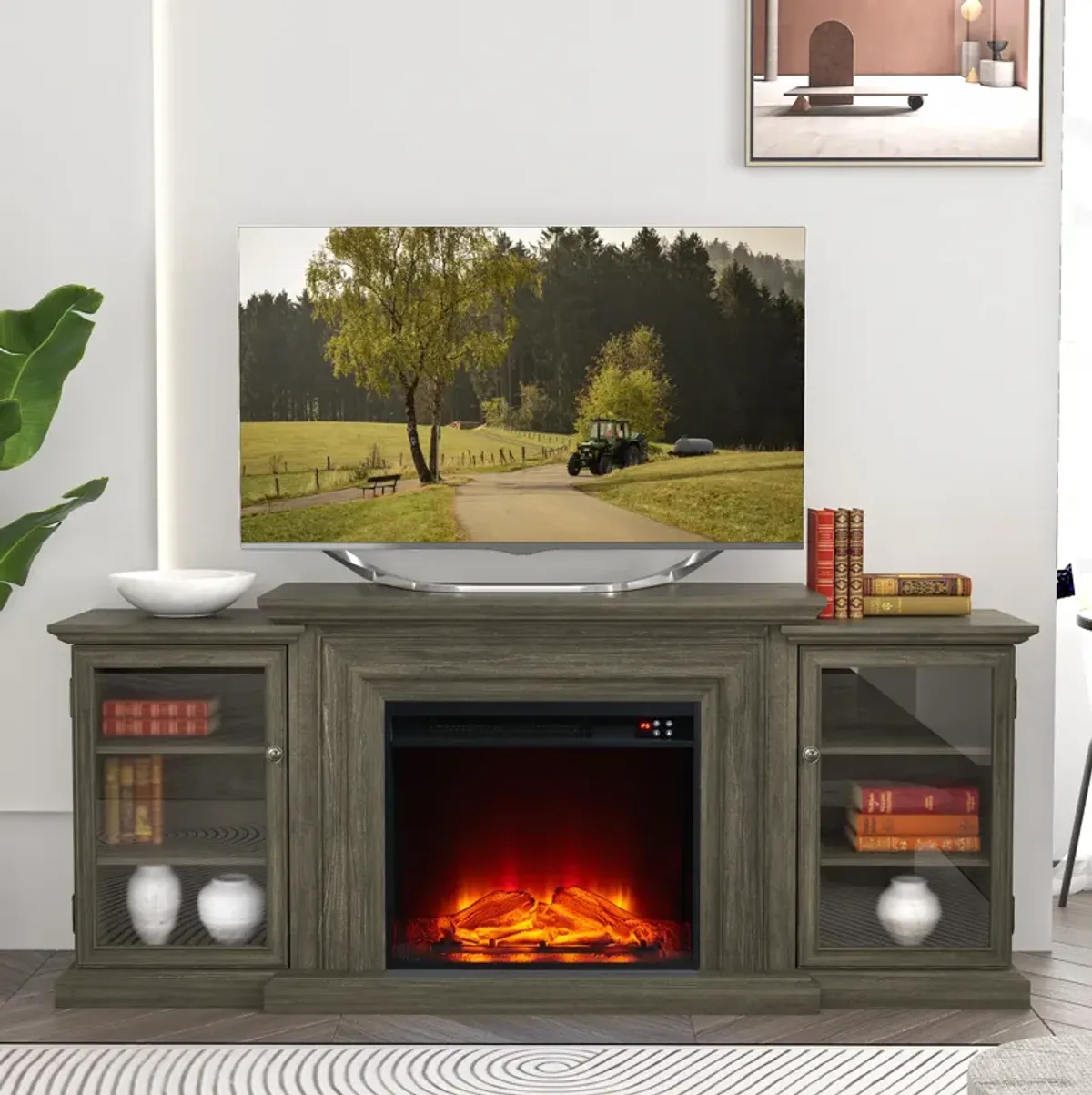 Farmhouse TV Stand with Fireplace - 70" Width -Fits up to 70" TV