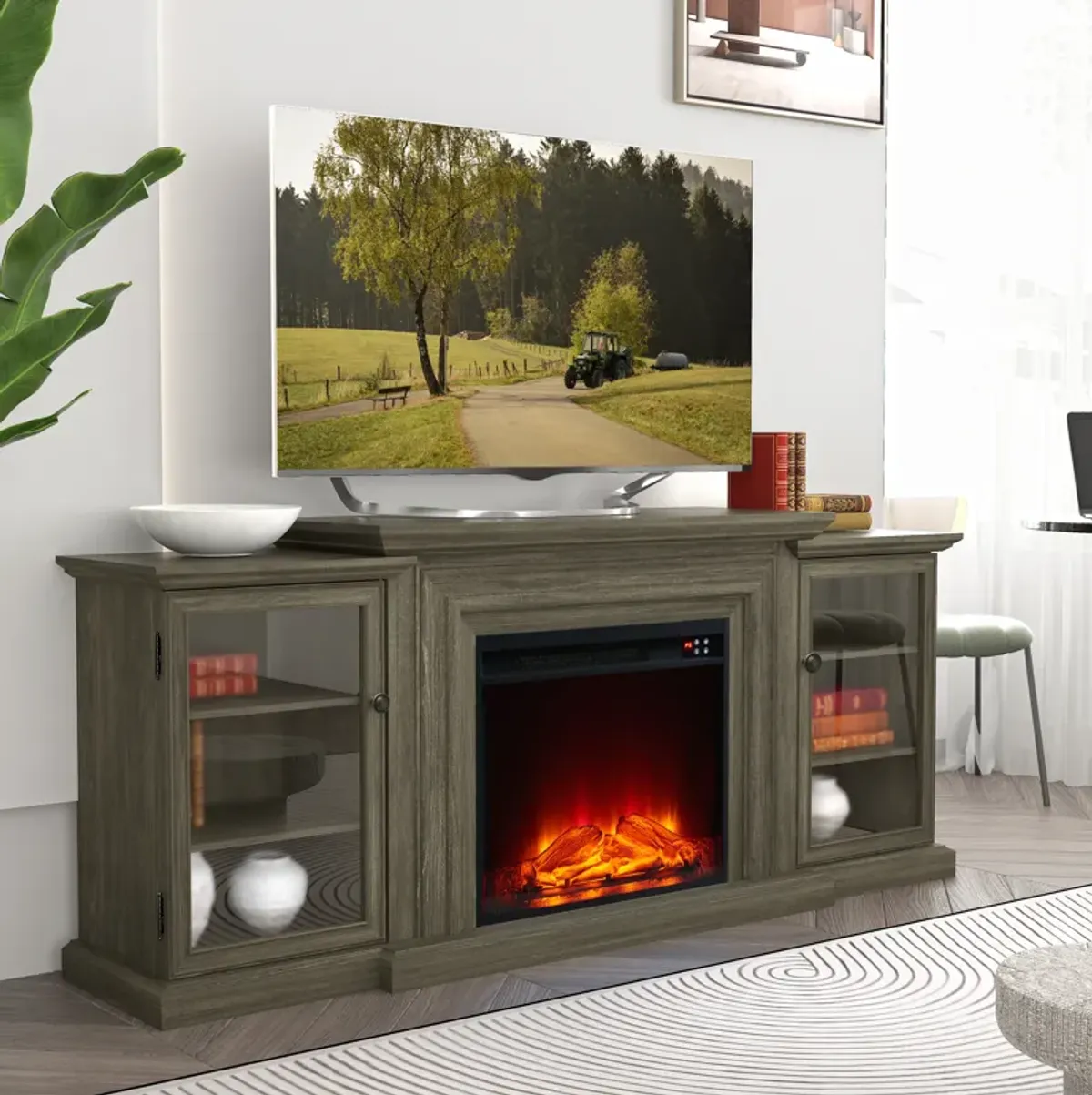 Farmhouse TV Stand with Fireplace - 70" Width -Fits up to 70" TV