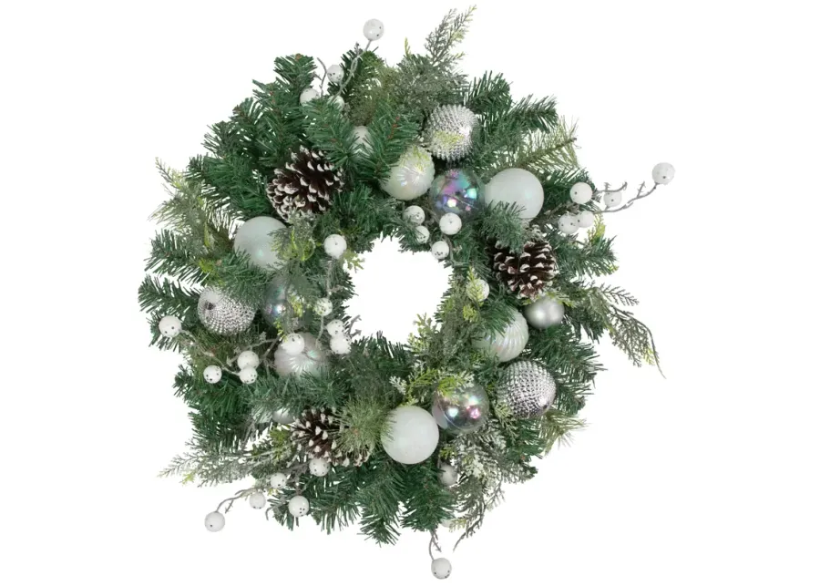 Green Pine Artificial Christmas Wreath with Berries and Iridescent Ornaments  24-Inch