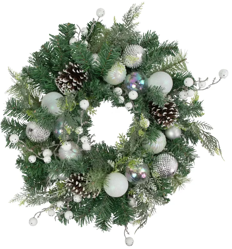 Green Pine Artificial Christmas Wreath with Berries and Iridescent Ornaments  24-Inch