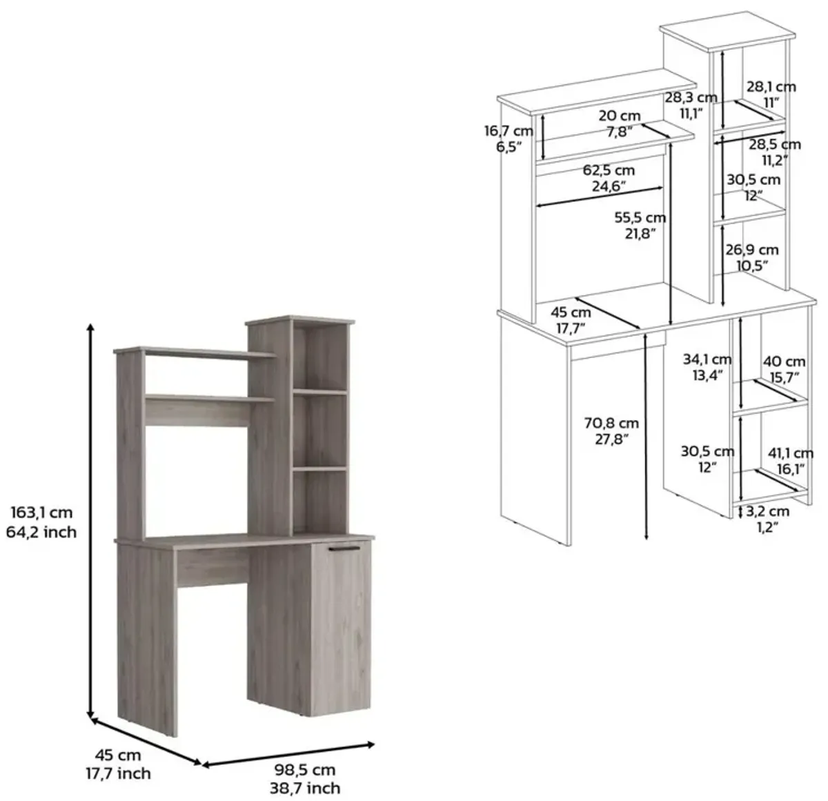 Computer Desk with Ample Work Surface, Hutch Storage and Single Door Cabinet