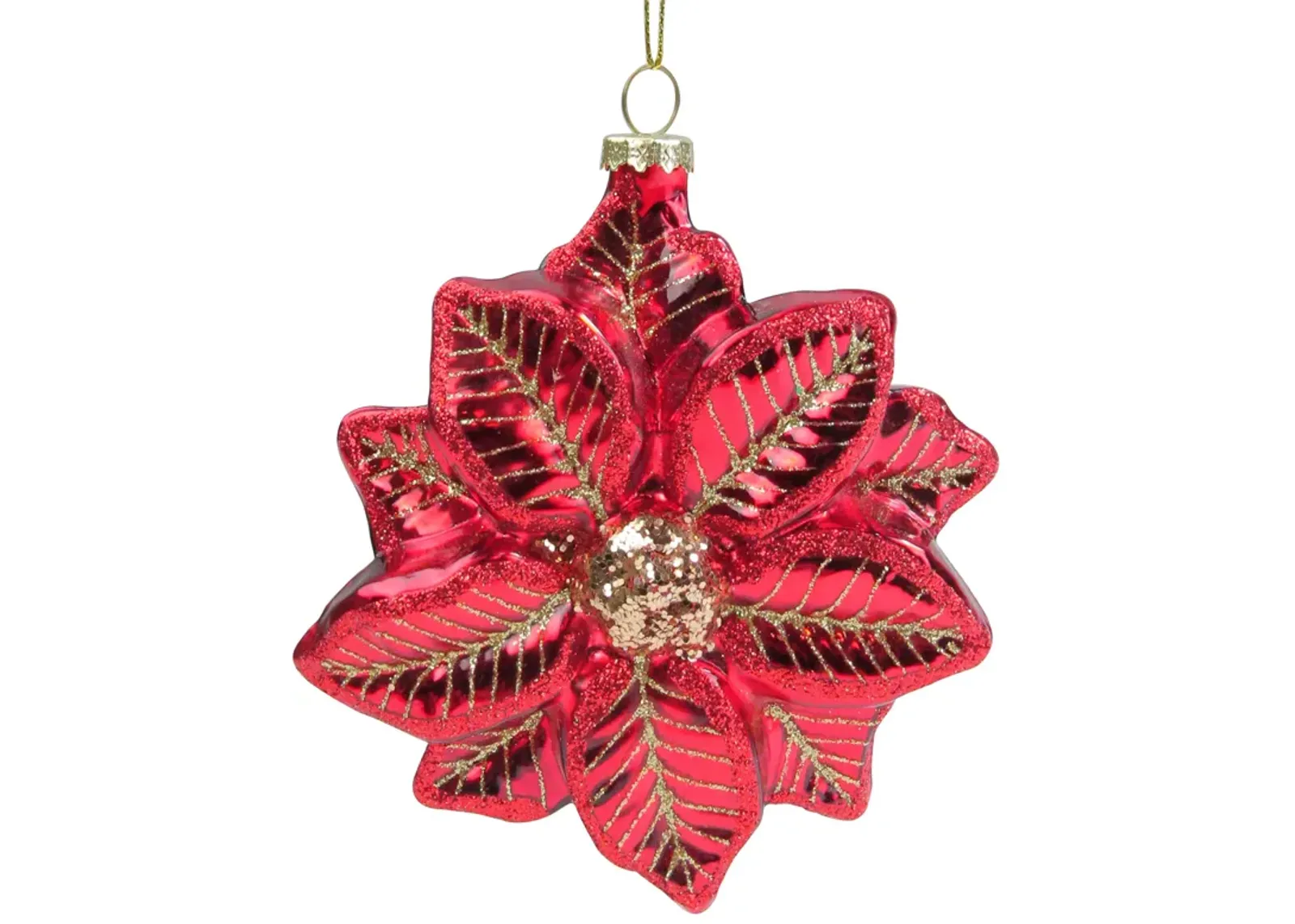 4.5" Red and Gold Glittery Poinsettia Glass Christmas Ornament