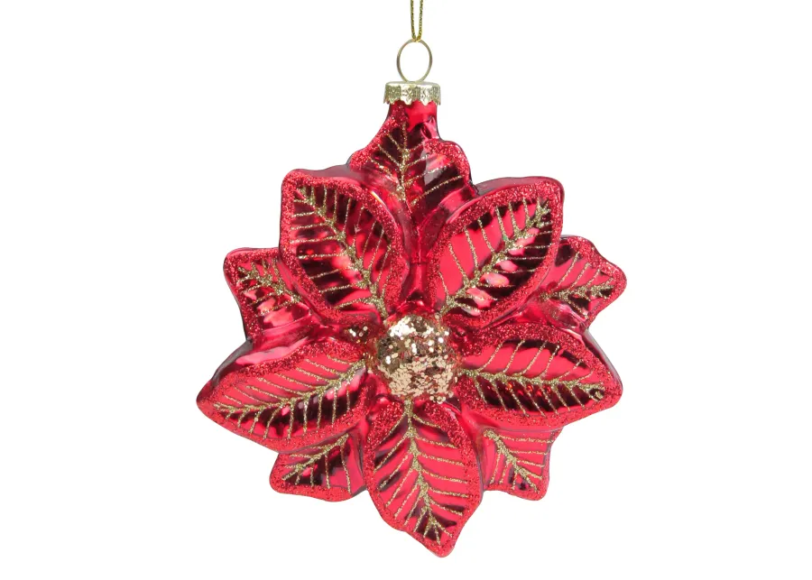 4.5" Red and Gold Glittery Poinsettia Glass Christmas Ornament