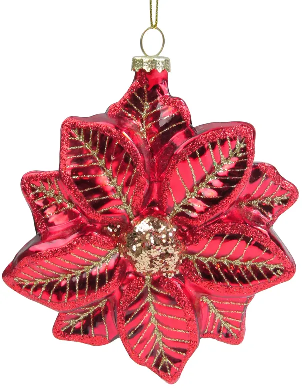 4.5" Red and Gold Glittery Poinsettia Glass Christmas Ornament